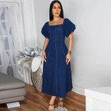 Cowboy elastic U-neck short sleeved long dress