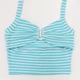Two piece set of striped lace up short top and pencil pants