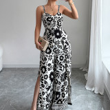 Twisted printed small suspender wide leg jumpsuit pants