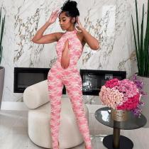 Hollow lace neck strap, large open back jumpsuit pants