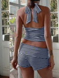 Two piece set of striped neck hanging vest shorts