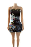 Positioning printed drawstring strapless dress