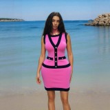 Button color blocked sleeveless single breasted knitted dress