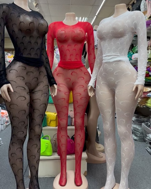 Fishing net long sleeved mesh transparent high elasticity hollow out set
