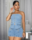 Cowboy metal button strapless top, high waisted shorts set