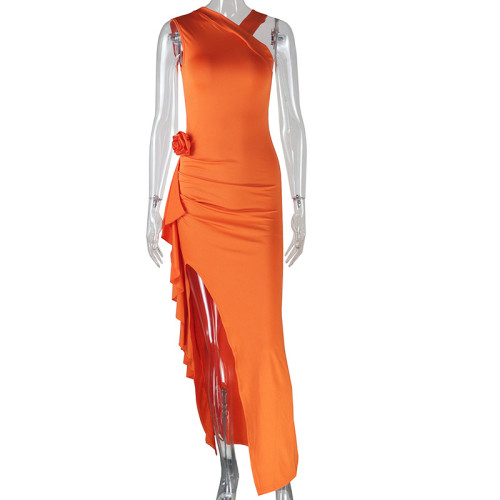 Wrinkled slit off shoulder irregular sleeveless high neck dress