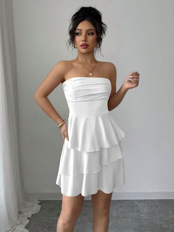 Backless strapless solid color cake skirt