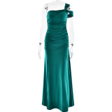 Slanted shoulder pleated side slit dress