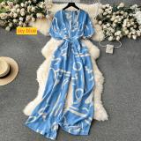 V-neck waist length printed straight leg wide leg pants