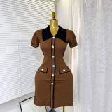 Color blocked polo collar short sleeved knitted dress