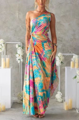 Lace fold print single shoulder sleeveless dress