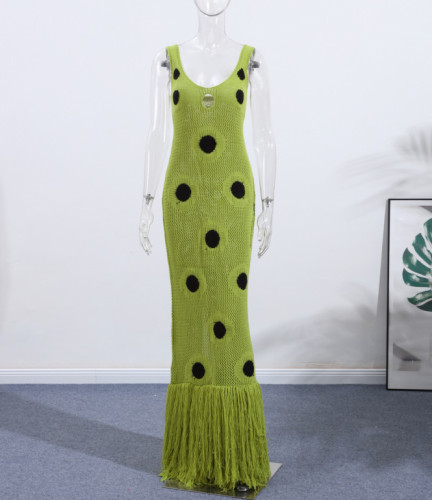 Black polka dot knitted dress with tassel suspender long skirt