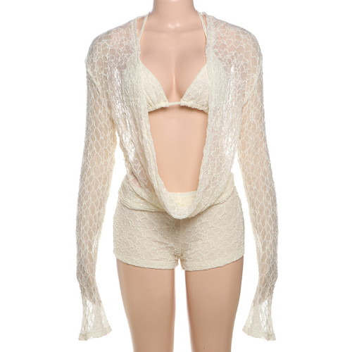 Lace hollow long sleeved hanging neck suspender shorts three piece set