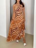 Lace fold print single shoulder sleeveless dress