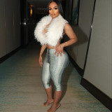 Hanging neck, fur collar, large backless strap, snake print cropped pants set