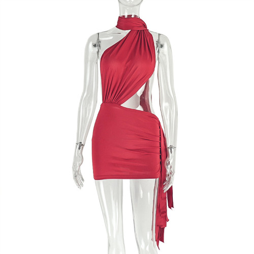 Splicing backless solid color hip hugging skirt with straps, asymmetrical pleated dress
