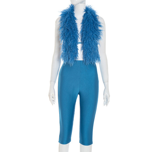 Hairy neck tie, big backless tight fitting seven piece pants two-piece set