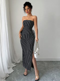 Striped strap strapless waist bag skirt set