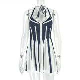 Wrinkle splicing A-line skirt hanging neck V leader short dress