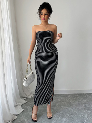 Striped strap strapless waist bag skirt set