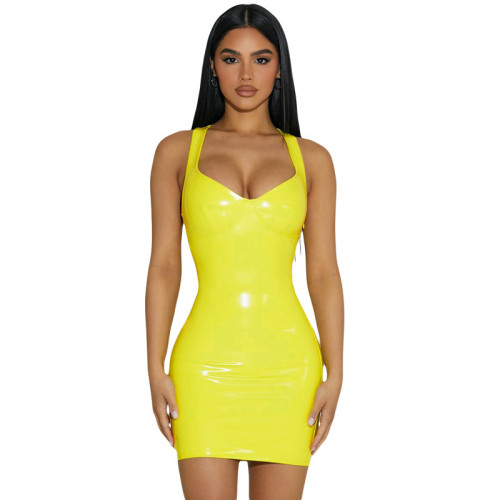 V-neck PU glossy waist bag waist strap dress