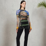 Hooded mesh printed irregular strap slit long and wide top T-shirt
