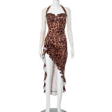 Backless, neck tied, lace up, asymmetrical leopard print dress with hem