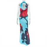 Wrinkled one-step hip hugging skirt, hanging neck, swinging collar, backless long dress