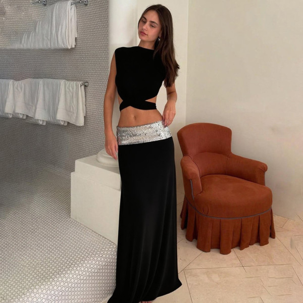 Backless top patchwork long skirt set