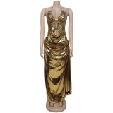 Hanging neck gold chain pleated arm dress