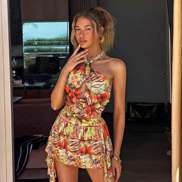 Hanging neck tie backless short skirt printed dress