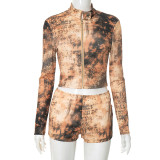 Tie dye distressed printed long sleeved zipper cardigan tight shorts two-piece set