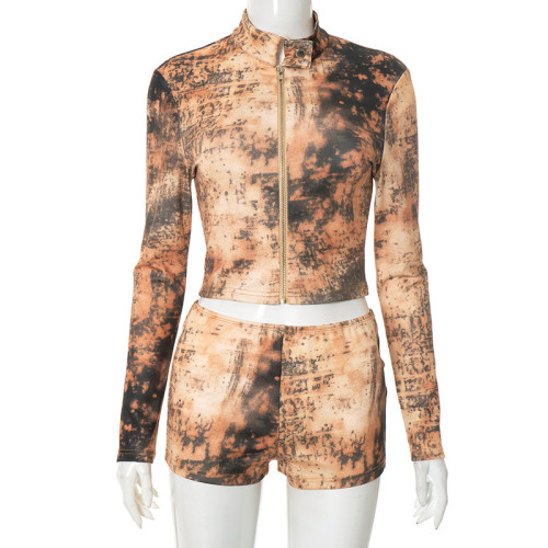 Tie dye distressed printed long sleeved zipper cardigan tight shorts two-piece set