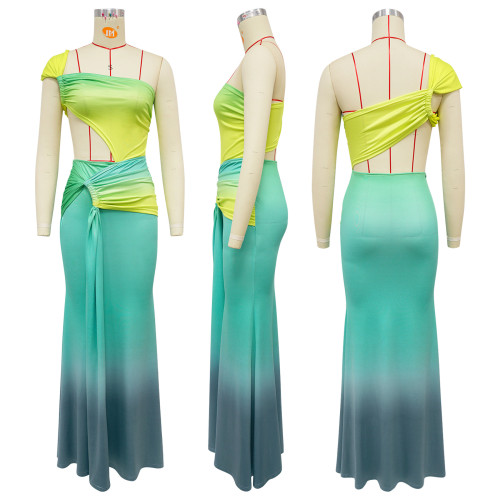 Waist revealing gradient dress, one shoulder dress