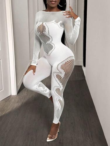 Round neck long sleeved hollow high waisted jumpsuit