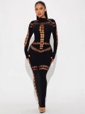 Long sleeved hollow out long skirt with buttocks wrapped dress