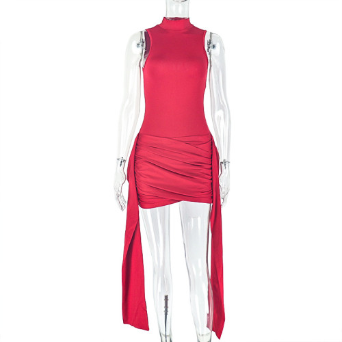 Wrinkle splicing strap stand up collar short dress