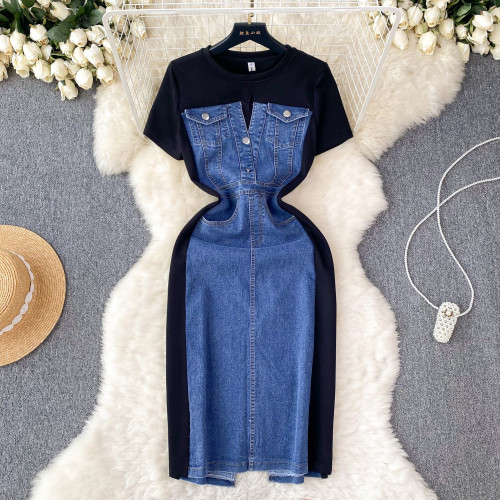 Round neck short sleeved patchwork denim dress, waist cinching fake two-piece long skirt