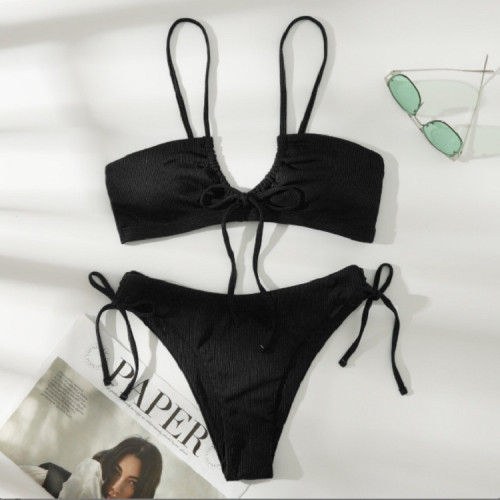 Hanging neck drawstring bikini swimsuit