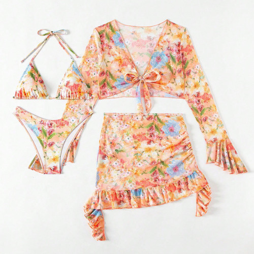 Printed bikini four piece swimsuit set