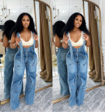 Loose fit high waisted denim overalls and wide leg jumpsuit