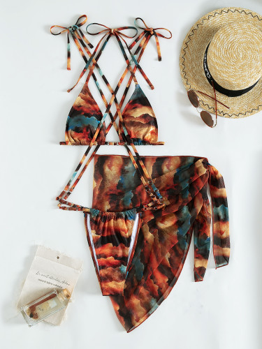 Printed lace up mesh dress bikini three piece swimsuit