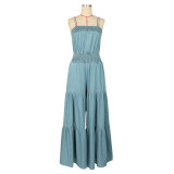 Cowboy jumpsuit solid color suspender sleeveless wide leg pants jumpsuit