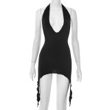 Hanging neck, U-neck, big backless, tight fitting, ribbon wrapped, hip hugging, short skirt dress