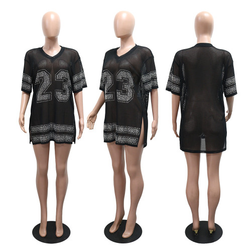 Mesh transparent round neck split hot stamping top