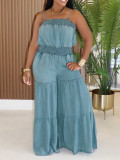Cowboy jumpsuit solid color suspender sleeveless wide leg pants jumpsuit