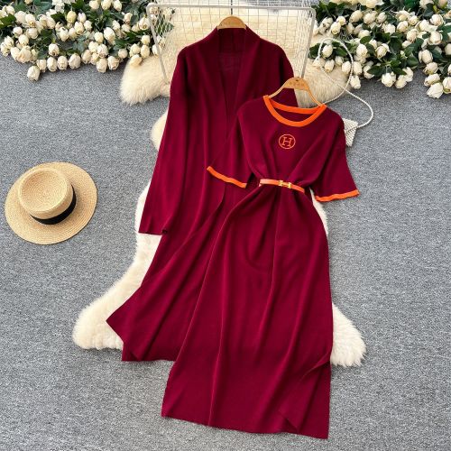 Belt, short sleeved long skirt, long sleeved jacket, knitted two-piece set