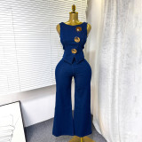 Metal buckle round neck sleeveless vest+high waist wide leg pants denim suit