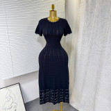 Round neck nail bead hollow short sleeved knitted dress