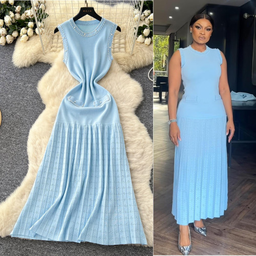 Nail bead round neck sleeveless knitted vest long skirt